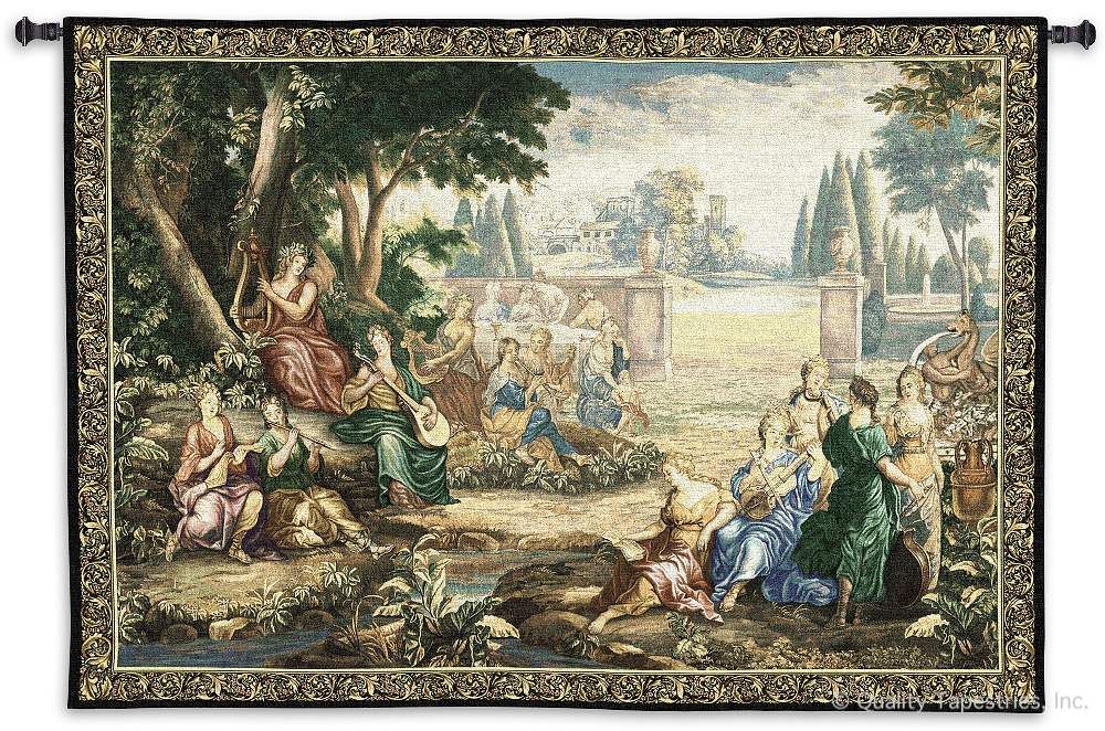 Harmony Wool Wall Tapestry C-2058, 2058-Wh, 2058C, 2058Wh, 50-59Inchestall, 53H, 70-79Incheswide, 71W, Carolina, USAwoven, Cream, European, Green, Harmony, Horizontal, Tapestry, Wall, White, Wool, tapestries, tapestrys, hangings, and, the, romantic, pastoral, scene